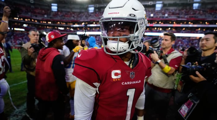 Arizona Cardinals quarterback Kyler Murray (1) walks off the field after an NFL football game against the Los Angeles Chargers, Sunday, Nov. 27, 2022, in Glendale, Ariz. The Chargers defeated the Cardinals 25-24. (AP Photo/Ross D. Franklin)
